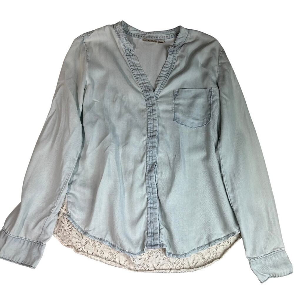 ANTHROPOLOGIE HOLDING HORSES Women's Boho Denim Lace Long Sleeve Button Up XS